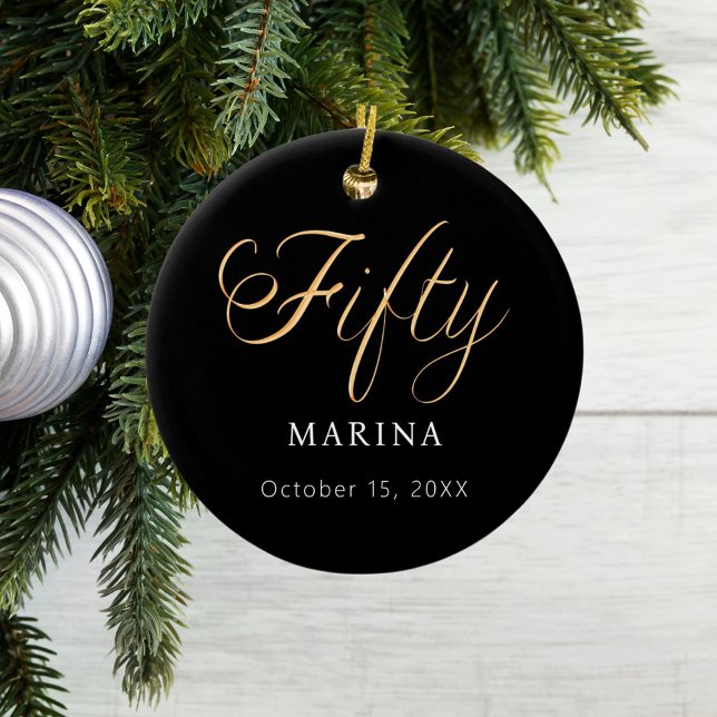 Black gold script name 50th birthday ceramic ornament (Creator Uploaded)