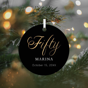 Black gold script name 50th birthday metal ornament
