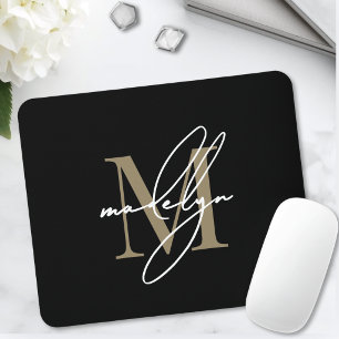 Black Gold Script Name Initial Monogram Mouse Pad