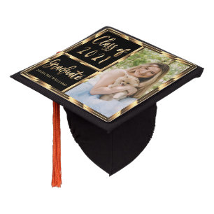 Black Gold Script Photo Graduate Class of 2021 Graduation Cap Topper