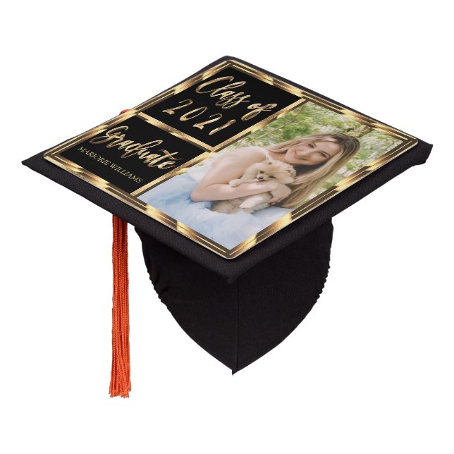 Black Gold Script Photo Graduate Class of 2021 Graduation Cap Topper (Angled)