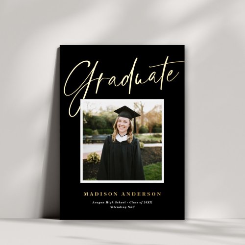 Black  Gold Script Photo Graduation Announcement