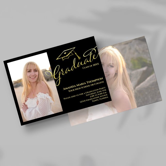 Black Gold Script Photo Graduation Party Invite (Black and gold script graduation invitation with graduate photo and cap illustration.)