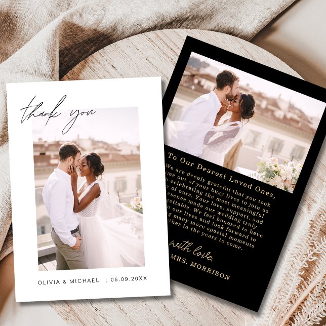 Black Gold Script Photo Wedding Thank You Card (Creator Uploaded)