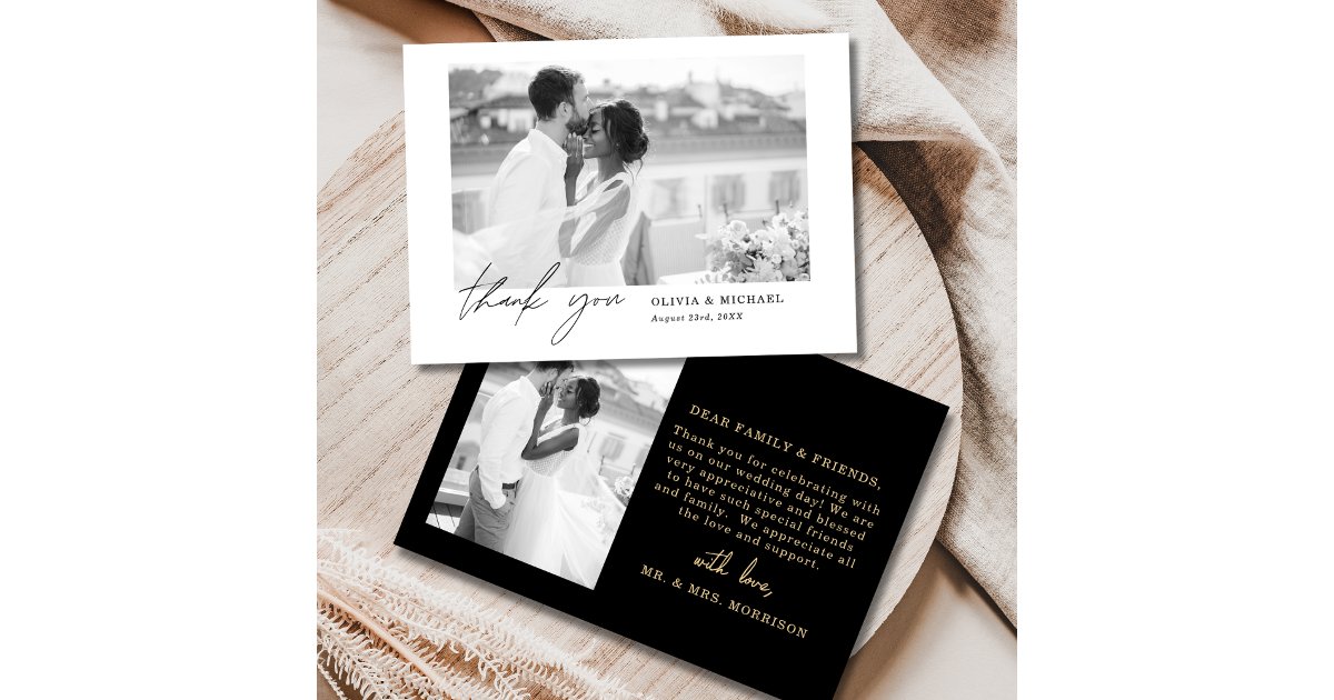 Black & Gold Script Photo Wedding Thank You Card | Zazzle