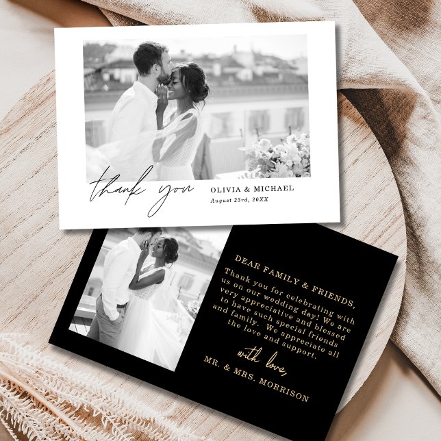 Black & Gold Script Photo Wedding Thank You Card (Creator Uploaded)