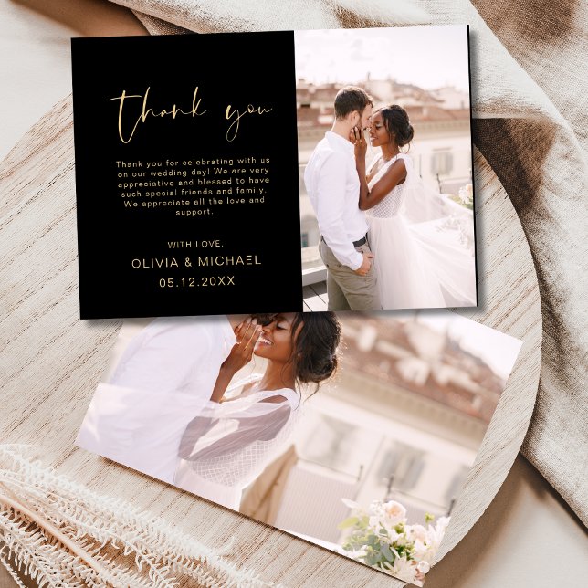 Black Gold Script Photo Wedding Thank You Card (Creator Uploaded)