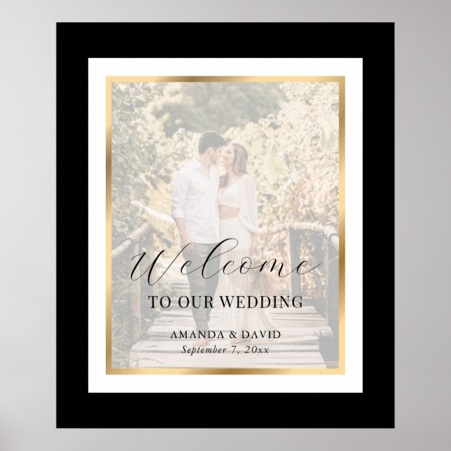 Black Gold Script Photo Wedding Welcome Sign (Front)