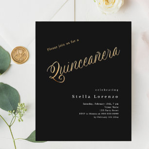 Black gold script Quinceanera invitation