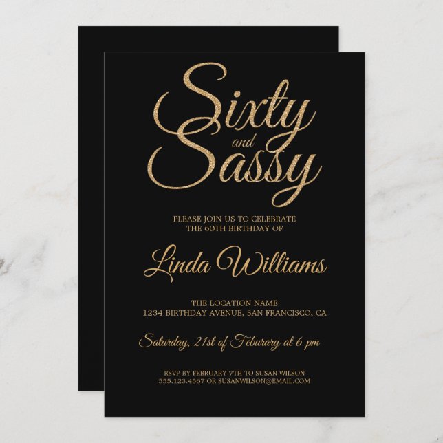 Black Gold Script Sixty And Sassy 60th Birthday Invitation (Front/Back)