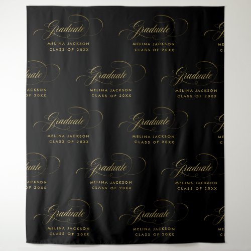 Black  Gold Script Step  Repeat Graduation Party Tapestry