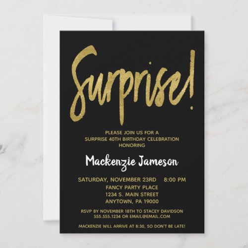 Black Gold Script Surprise Party Invitation