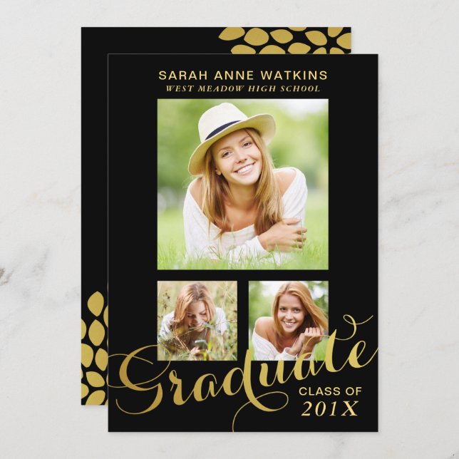 Black Gold Script Three Photo Graduation Invitation (Front/Back)