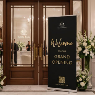 Black Gold Script Welcome Grand Opening Logo QR  Retractable Banner