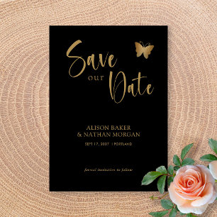 Black & Gold Script with Glitter Butterfly Wedding Save The Date