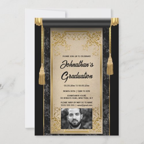  Black gold scroll with black white photo grad  Invitation