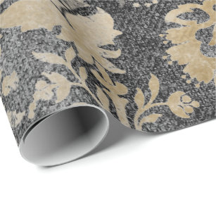 Black Gold Sepia Rose Floral Cottage Grungy Damask Wrapping Paper