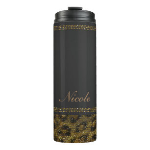Black & Gold Sequin Glitter Leopard Cheetah Print Thermal Tumbler
