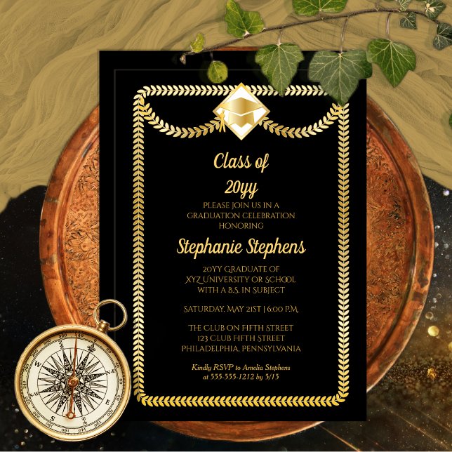 Black | Gold Serpentine Graduation Party Invitation (Elegant Black and Gold Tone Serpentine College University Graduation Party Invitation Print Digital)