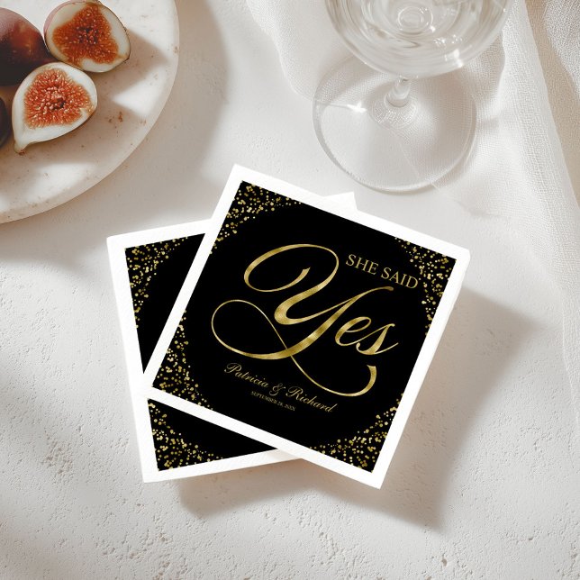 Black Gold She Said Yes Engagement Party Napkins (Creator Uploaded)
