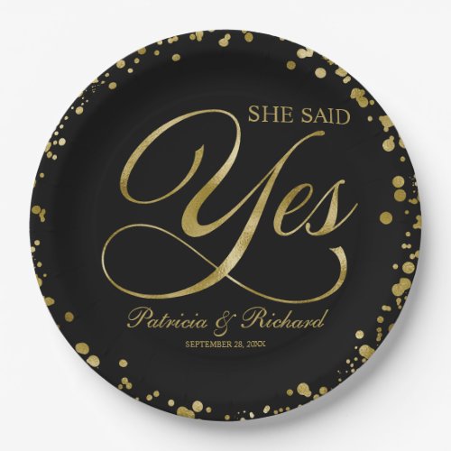 Black Gold She Said Yes Engagement Party Paper Plates
