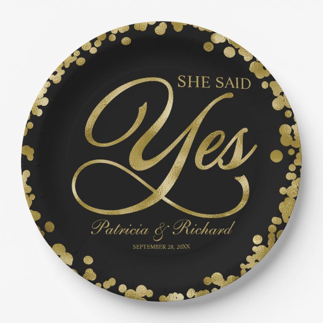 Black Gold She Said Yes Engagement Party Paper Plates (Front)