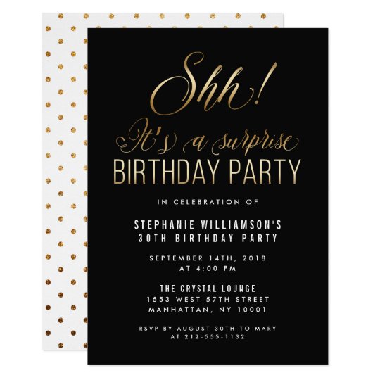 Black & Gold Shh! It's A Surprise Birthday Party Invitation | Zazzle.com