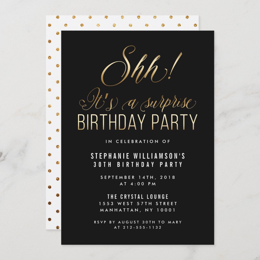 Black & Gold Shh! It's A Surprise Birthday Party Invitation | Zazzle