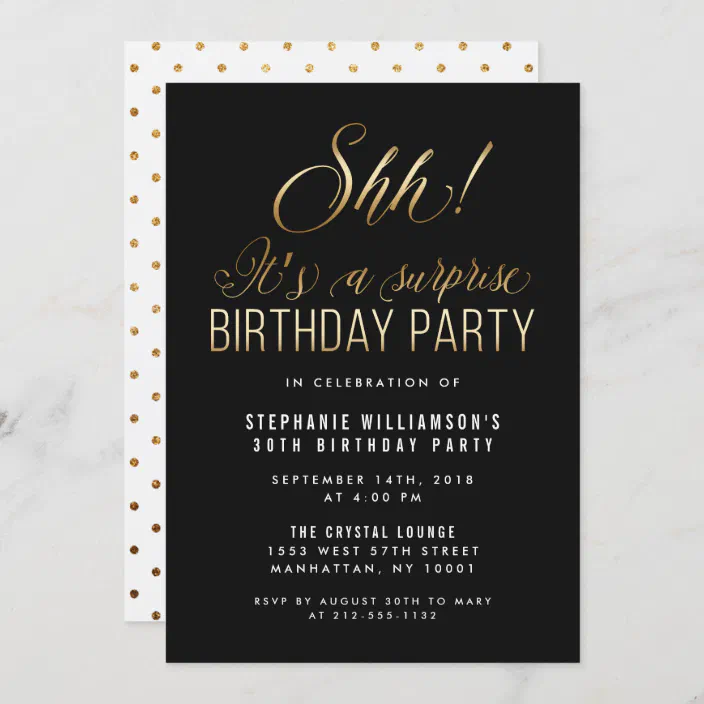 Black Gold Shh It S A Surprise Birthday Party Invitation Zazzle Com