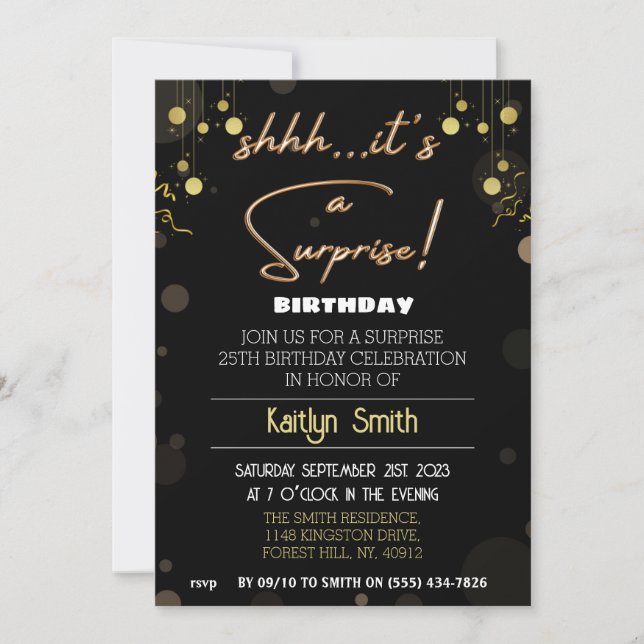 Black & Gold , Shhh...it's a Surprise Invitation (Front)