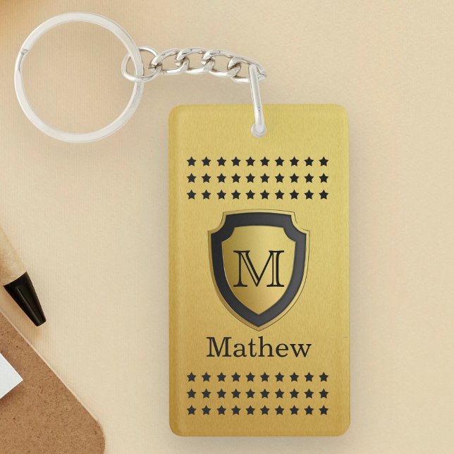 Black Gold Shield Monogram Name Star Pattern Manly Keychain (Creator Uploaded)