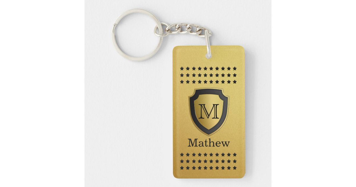Black Gold Shield Monogram Name Star Pattern Manly Keychain