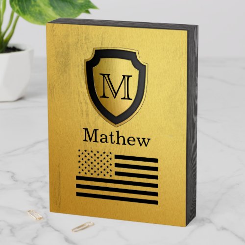 Black Gold Shield USA Flag Monogram Name Manly Wooden Box Sign