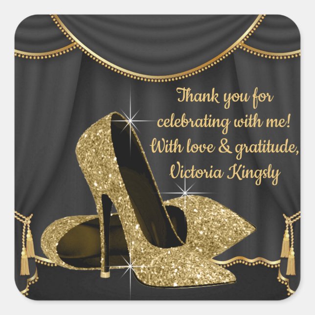 Black Gold Shoe Birthday Party Favor Stickers (Front)