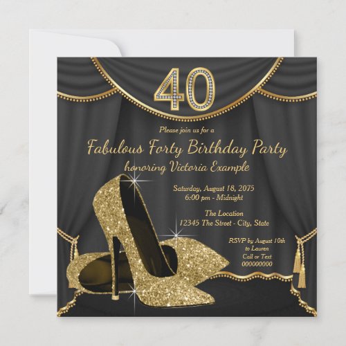 Black Gold Shoe Fabulous 40th Birthday Party Invitation