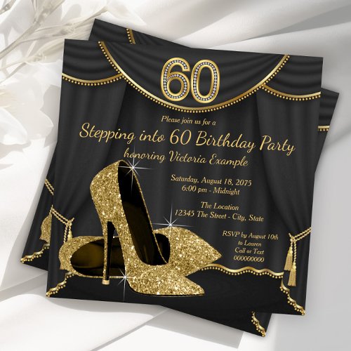 Black Gold Shoe Stepping into 60 Birthday Party Invitation