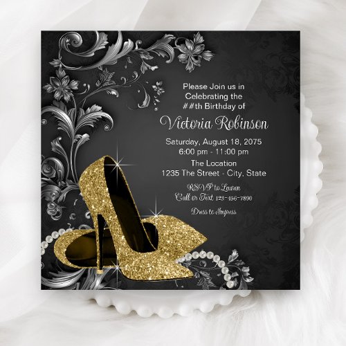 Black Gold Shoe Womans Birthday Party Invitation