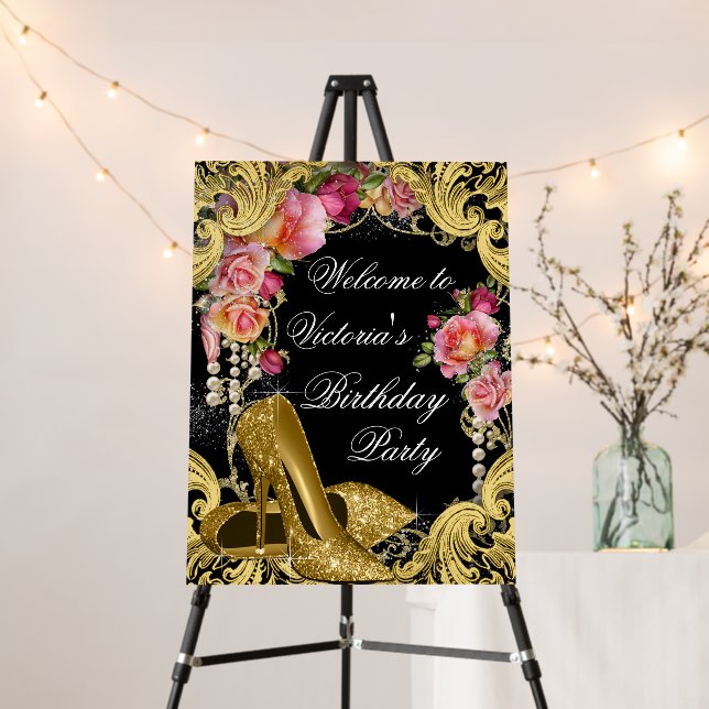 Black Gold Shoes Birthday Party Welcome Sign (In Situ (Stand))