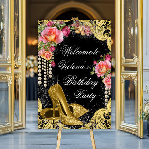 Black Gold Shoes Birthday Party Welcome Sign