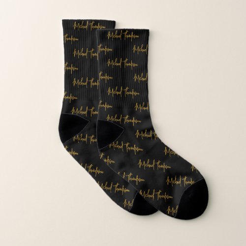 Black  Gold Signature Script Calligraphy Name Socks