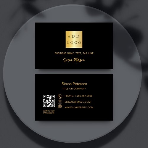 Black gold signature script QR code logo Business Card