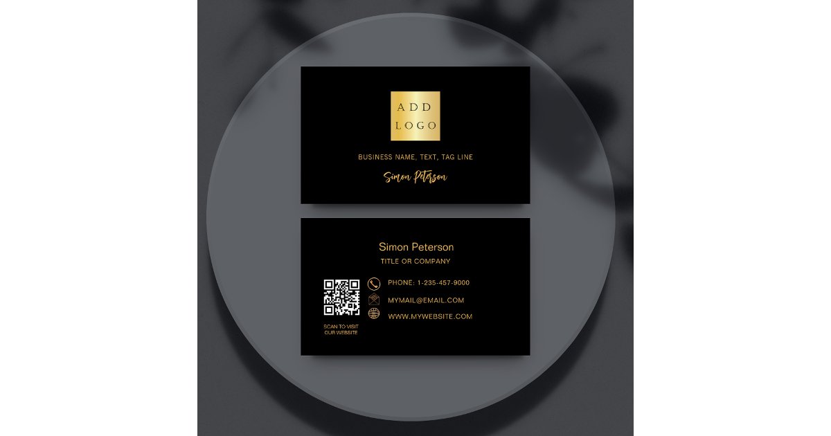 Black gold signature script QR code logo Business Card | Zazzle