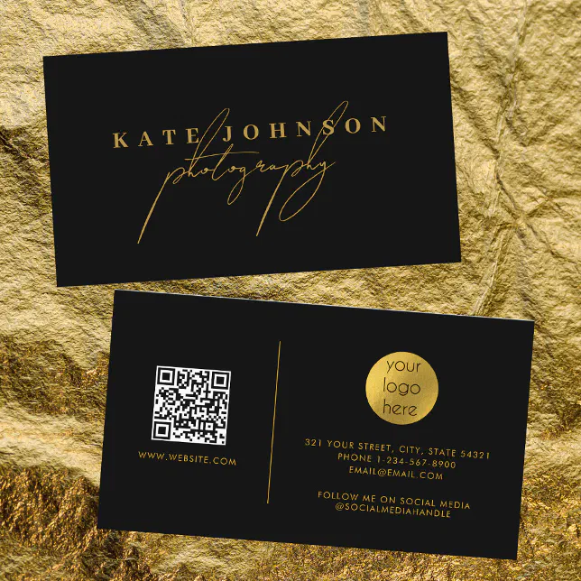 Black Gold Signature Script QR Code Social Media Business Card | Zazzle