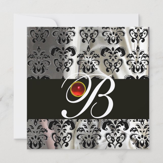 BLACK GOLD SILK DAMASK CLOTH MONOGRAM  RED RUBY INVITATION (Front)