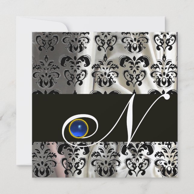BLACK GOLD SILK DAMASK MONOGRAM BLUE SAPPHIRE INVITATION (Front)
