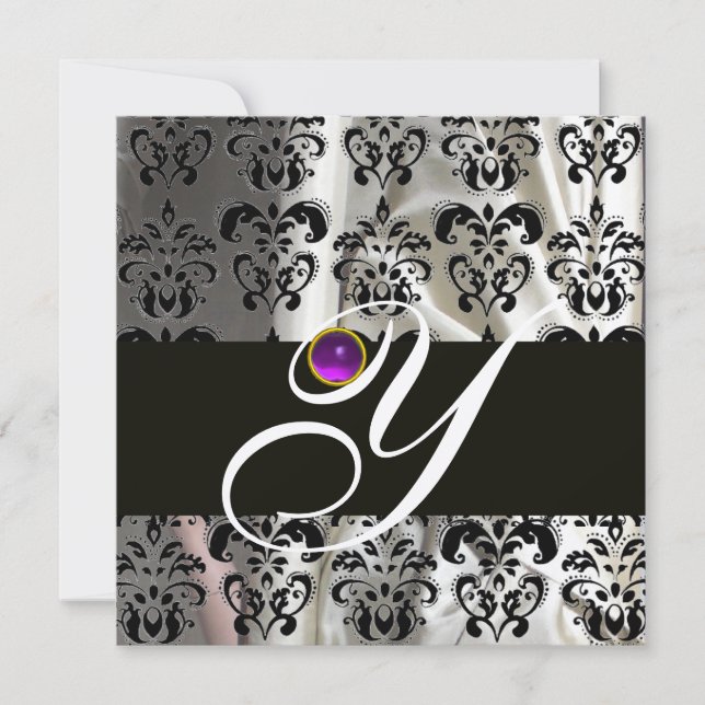 BLACK GOLD SILK DAMASK MONOGRAM PURPLE AMETHYST INVITATION (Front)