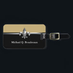 Black Gold Silver Fleur de Lis Luggage Tag<br><div class="desc">These Black Gold Silver Fleur de Lis luggage tags will help you keep track of your luggage in style. The luggage tags feature a two tone black and gold background divided by a silver stripe decorated with an imitation brushed metal Fleur de lis symbol. The back features the same symbol...</div>