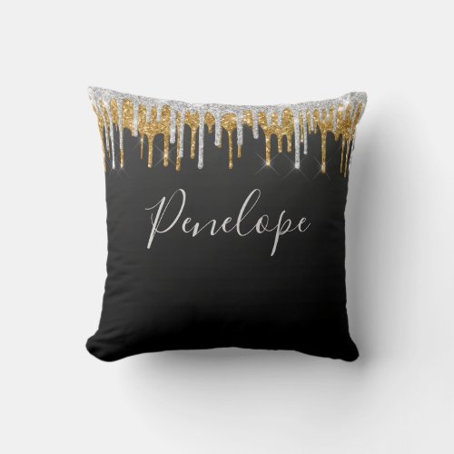 Black Gold Silver Glitter Drip Elegant Monogram Throw Pillow