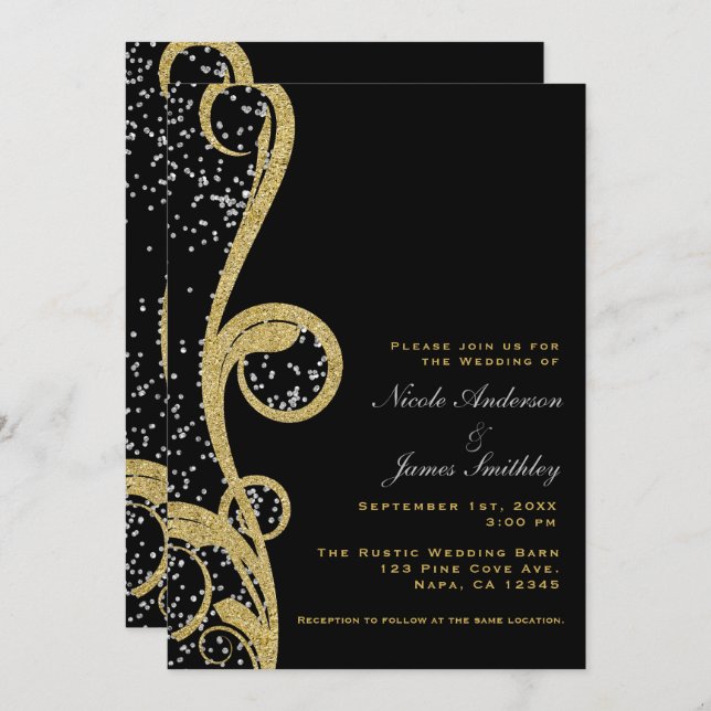 Black Gold & Silver Glitter Elegant Swirl Wedding Invitation (Front/Back)