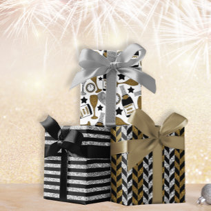 Black Gold Silver New Year Champagne Party Wrapping Paper Sheets